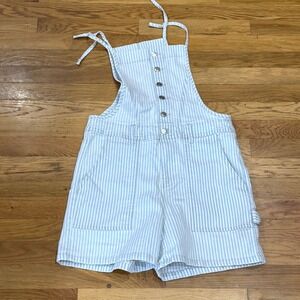 Celebrity Pink Striped Denim Shortalls Blue White Button Front Size 7-9